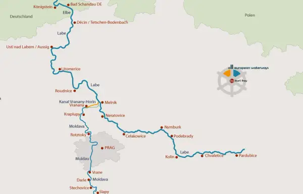 Karte zeigt den Moldau Fluss Verlauf von Prag bis zur Elbe, mit Städten wie Melnik, Litomerice und Usti nad Labem.
